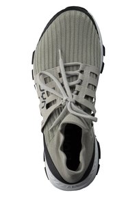 Light gray sneaker with a knitted upper, elastic lacing system, and a black rubber outsole. Features a cushioned collar and tongue.