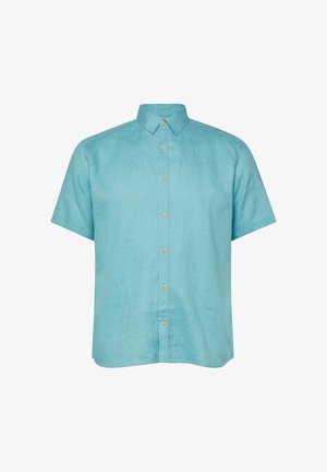 Męska koszula z krótkim rękawem zapinana na guziki, wykonana z jasnoturkusowego lnu, z klasycznym kołnierzem i beżowymi guzikami z przodu.