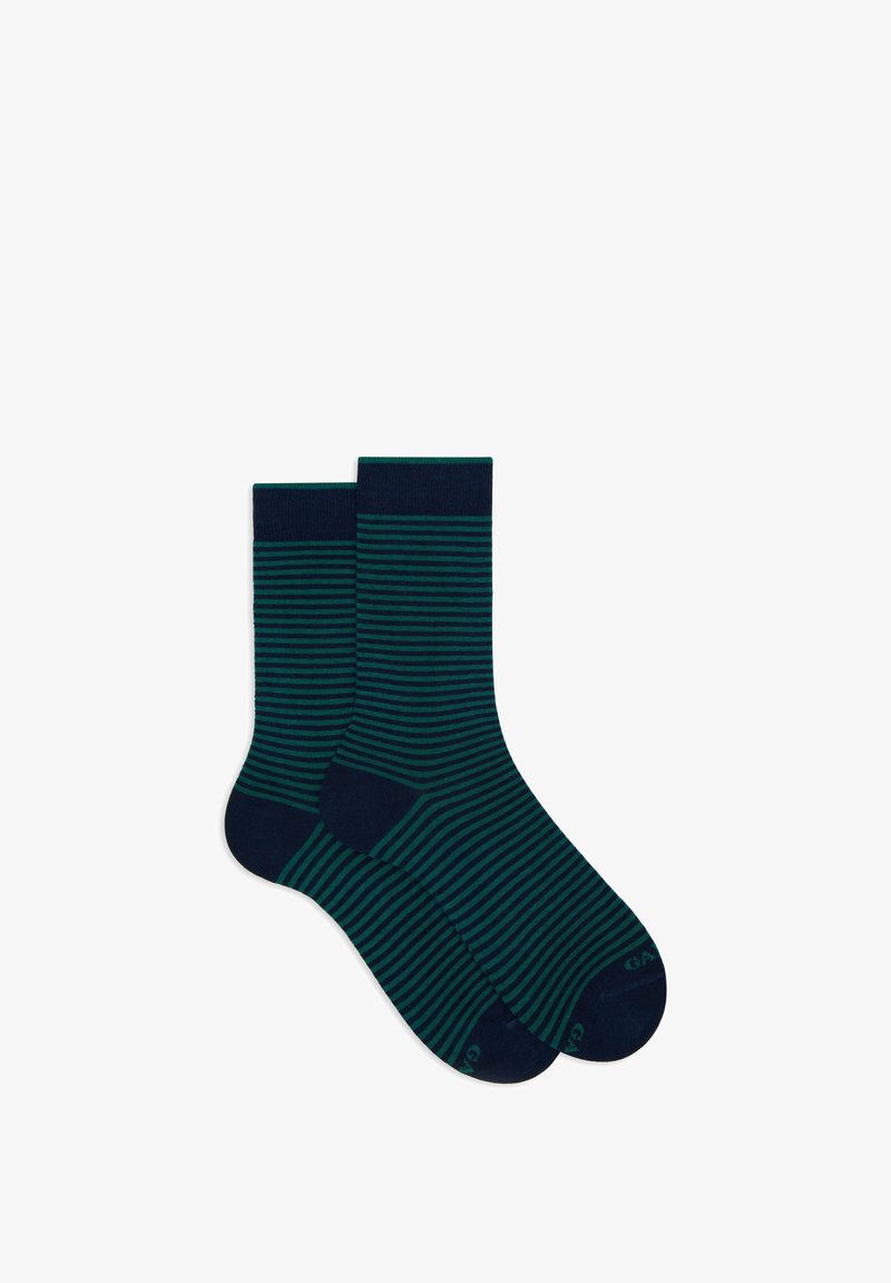 Calzini a righe in verde scuro e blu navy con una texture liscia, caratterizzati da un bordo in tinta unita nella parte superiore e una punta rinforzata.
