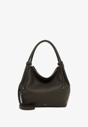 Dunkelgrüne Leder-Schultertasche mit strukturierter Oberfläche, runder Form, doppelten Griffen und einem abnehmbaren Gurt. Mit einem Reißverschluss geschlossen.