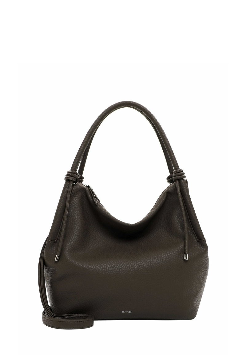 Dunkelgrüne Leder-Schultertasche mit strukturierter Oberfläche, runder Form, doppelten Griffen und einem abnehmbaren Gurt. Mit einem Reißverschluss geschlossen.