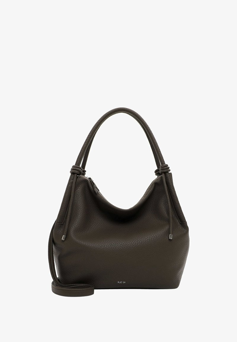 Sac à bandoulière en cuir vert foncé avec une surface texturée, forme arrondie, doubles poignées et une bandoulière amovible. Doté d'une fermeture zippée.