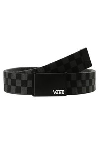 Zwart en grijs geblokt stoffen riem met een zwarte metalen gesp waarop het Vans-logo in het wit staat. Duurzame geweven textuur, verstelbare lengte.
