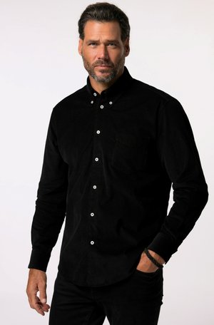 Schwarze Cordhemd mit button-down Kragen, Brusttasche und weißen Knöpfen. Lange Ärmel, taillierte Passform, strukturierter Stoff.