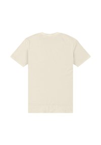 Jasny beżowy T-shirt wykonany z bawełny, z klasycznym okrągłym dekoltem i krótkimi rękawami, o gładkiej fakturze i bez widocznych wzorów.
