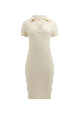 Strickpolo-Kleid in hellem Creme mit kurzen Ärmeln, V-Ausschnitt und strukturiertem Muster mit verwobenen Designs im gesamten Stoff.