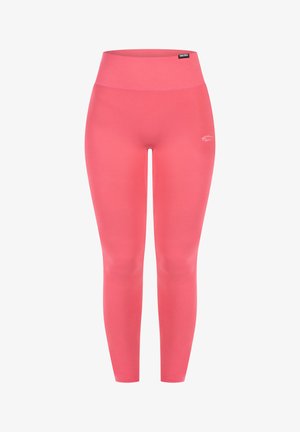 Lyserøde leggings lavet af glat, strækbart stof med en høj talje. Har et subtilt logo i hvidt på venstre lår.