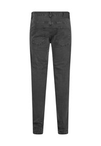 Črne jeans hlače s ožjim krojem, ki imajo dva zadnja žepa, šivane detajle in gladko teksturo.