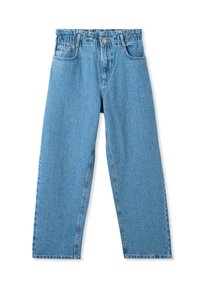 Jasnoniebieskie dżinsy w luźnym kroju, z wysokim stanem, pięcioma kieszeniami i detalami szwów wzdłuż szwów.
