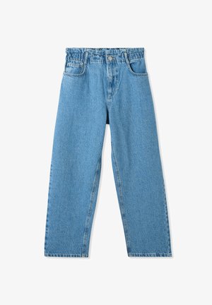 Pantaloni in denim azzurro chiaro con vestibilità rilassata, dotati di una vita alta, cinque tasche e dettagli di cucitura lungo le cuciture.