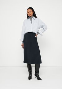 Button-up shirt in light blue with stripes, gray turtleneck, and knee-length black pleated skirt. Worn with black knee-high heeled boots.