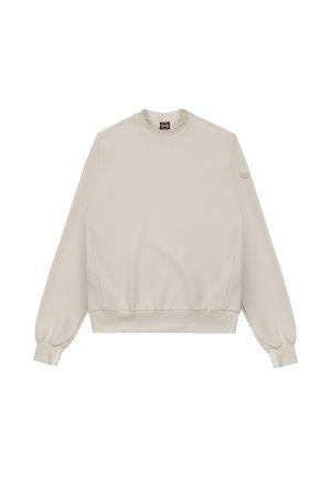 Vaaleanbeige collegepaita, jossa on pyöreä pääntie, pitkät hihat, resorit hihansuuissa ja helmassa sekä pieni pyöreä logo vasemman hihan yläosassa.