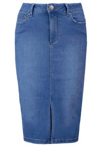 Denim blyertkjol i medelblå, med en framspaltning, femfickorsdesign, bältesöglor och dragkedja i fronten med knäppning.