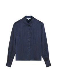 Camisa de botones azul marino con rayas verticales en naranja y rojo. Presenta un collar plano y mangas largas. Textura de tela lisa.