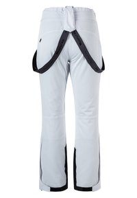 Weiße Skihose mit schwarzen Akzenten, ausgestattet mit einem verstellbaren Bund, seitlichen Reißverschlusstaschen und verstärkten unteren Säumen. Glattes, strapazierfähiges Material.