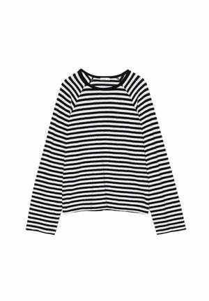 Chemise à manches longues noire et blanche à rayures horizontales avec un col rond et des manches raglan, posée à plat sur fond blanc.