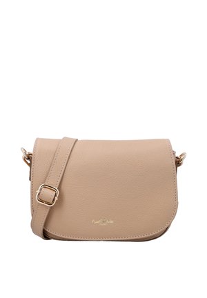 Beige læder crossbody taske med justerbar rem og guldbeslag, enkelt design med diskret syning og lille guldtæt logo på frontklappen.