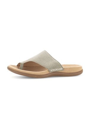 Slide sandal with a light green fabric upper and a textured tan rubber sole. Features open toe design with decorative stitching along the side.