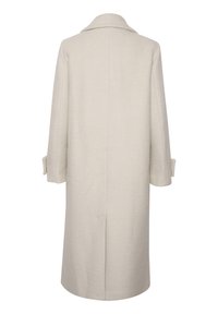 Długi jasnobeżowy wełniany płaszcz z kołnierzem i długimi rękawami, przedstawiony od tyłu na białym tle.
