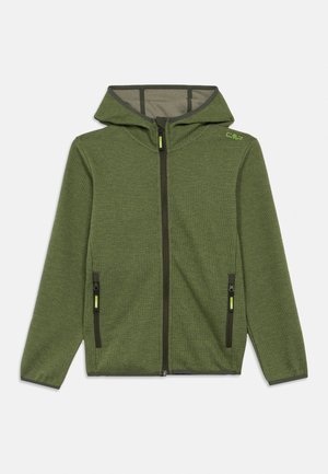 Zelená štruktúrovaná bunda s kapucňou, predným zipsom a dvoma bočnými vreckami na zips, s logom CMP na pravom ramene.