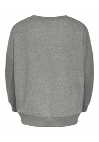Vue arrière d'un sweat-shirt gris uni à manches longues avec poignets et ourlet côtelés, fabriqué en tissu de coton doux.