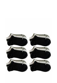 Set of six ankle socks in black and grey, featuring white stripes and logo detail. Made of soft, stretchable fabric for comfort.