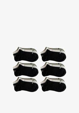 Set of six ankle socks in black and grey, featuring white stripes and logo detail. Made of soft, stretchable fabric for comfort.