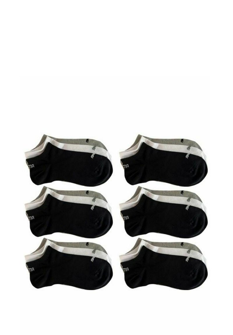 Set of six ankle socks in black and grey, featuring white stripes and logo detail. Made of soft, stretchable fabric for comfort.