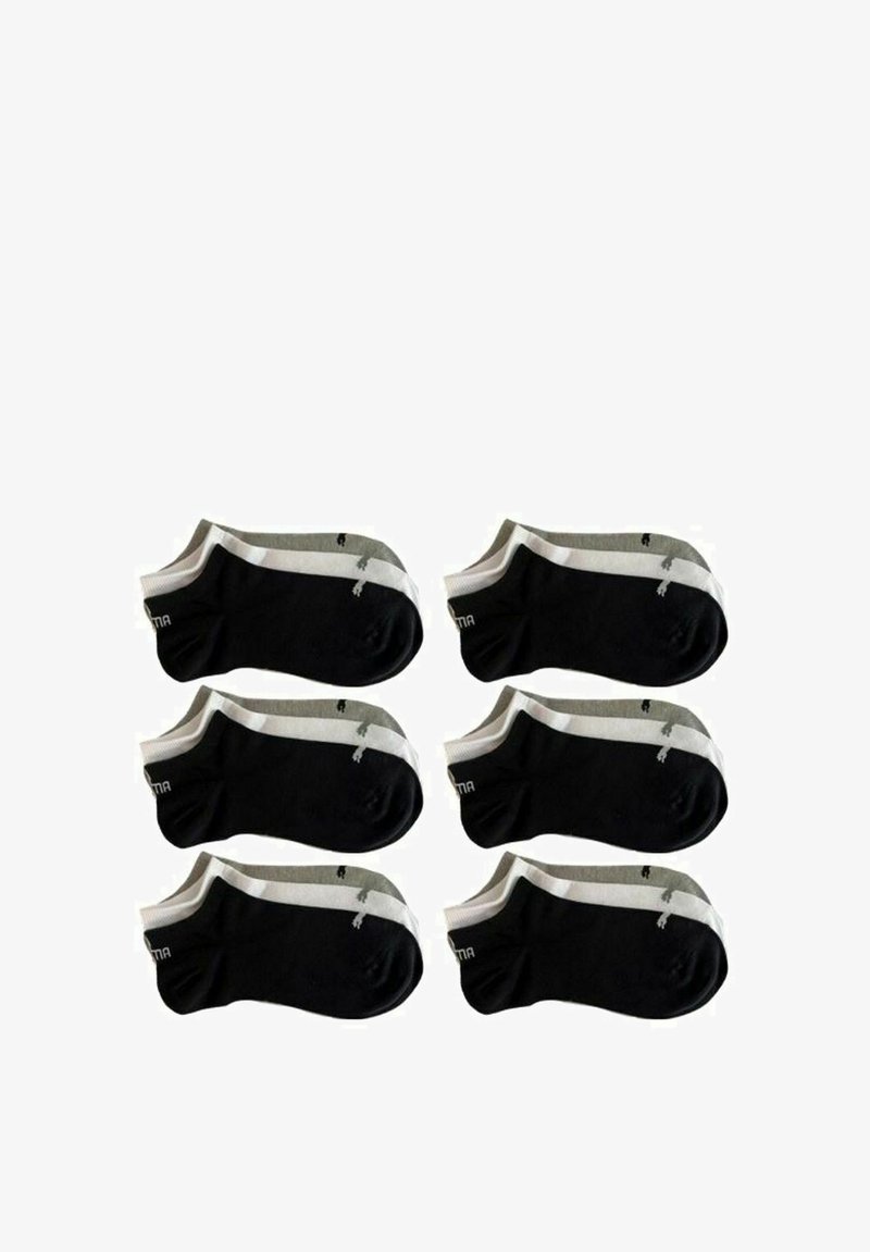 Set of six ankle socks in black and grey, featuring white stripes and logo detail. Made of soft, stretchable fabric for comfort.