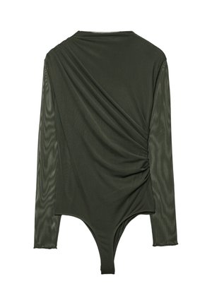 Maslinzeleni bodysuit s dugim rukavima i drapiranim dizajnom, s teksturiranim materijalom, visokim otvorom na leđima, glatkom finišom i bešavnim rubovima.