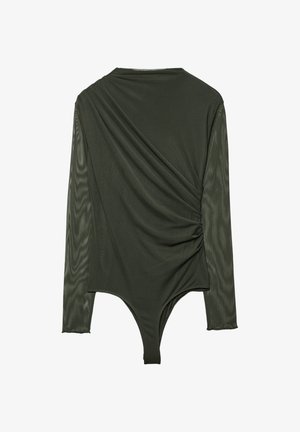 Oliven grøn langærmet bodystocking med draperet design, der har et tekstureret stof og en høj skæring bagpå, glat finish og sømløse kanter.