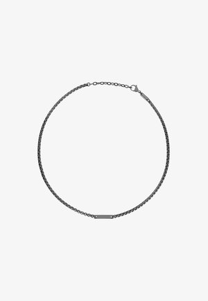 Zwarte metalen ketting met een kettingontwerp en een platte rechthoekige accent in het midden. Afgewerkt met een kreeftsluitingen.