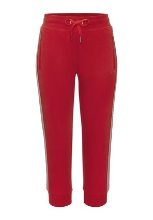 Rote, gekürzte Jogginghose mit Streifen an den Seiten, Reißverschlusstaschen, geripptem Bund mit Kordelzug und gerippten Bündchen.