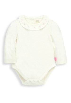 Bodysuit z długim rękawem w kolorze kremowym z falbankowym kołnierzykiem, różowymi haftowanymi akcentami i zapięciem na napy u dołu. Miękka, lekka tkanina.