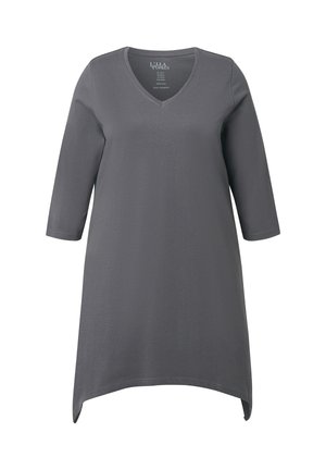 Robe tunique grise en coton, avec décolleté en V, manches longues et ourlet légèrement arrondi. Texture lisse, détails minimalistes.