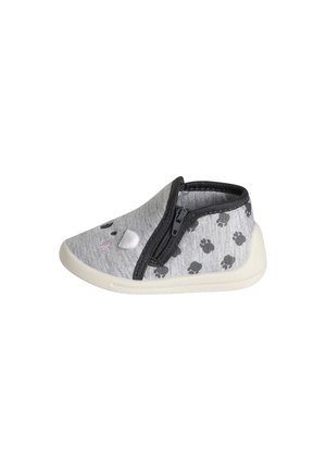 Gray toddler slipper with black paw prints, side zipper, and bear face applique on toe, white sole, and black trim.