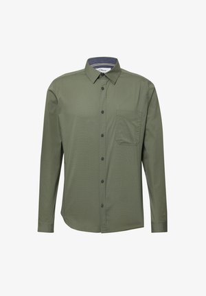 Zielona koszula z długim rękawem zapinana na guziki, w kratkę, z jedną kieszenią na piersi i ciemnoniebieskim wykończeniem kołnierza. Wykonana z gładkiego materiału.