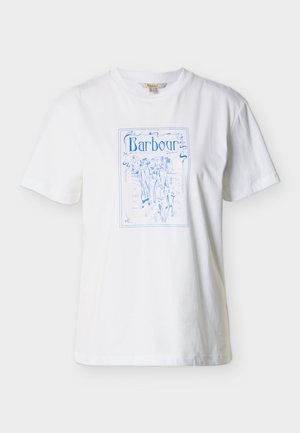 T-shirt en coton blanc avec une impression graphique bleue représentant des silhouettes marchant avec un chien et le mot « Barbour » dans un cadre rectangulaire.