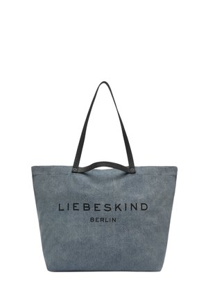 Grande borsa in tessuto grigio con manici in pelle nera e "LIEBESKIND BERLIN" stampato in nero sul davanti.