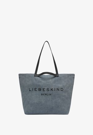 Grand sac fourre-tout en tissu gris avec des poignées en cuir noir et "LIEBESKIND BERLIN" imprimé en noir sur le devant.