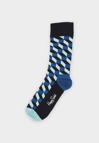 Blue and light blue patterned sock with diamond shapes, a navy ribbed cuff, and logo on the sole. Made from soft fabric.