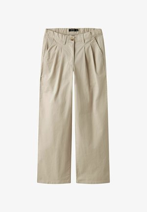 Beige wijde broek van een gestructureerde stof, met frontplooien, zijzakken en een enkele knoopsluiting in de taille.
