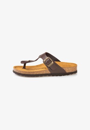 Brune thong sandaler med en kork sål, syntetiske remme og en metalspænde som accent. Tekstureret sål for greb og komfort.