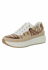 Scarpe da ginnastica beige con tomaia in tessuto a motivo, accenti in pelle bianca e suola spessa e testurizzata. Presentano lacci e cuciture decorative.