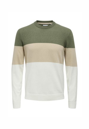 Crewneck-trøje med grønne, beige og hvide vandrette striber. Fremstillet af blødt materiale med ribstrikkede ærmekanter og kant forneden.