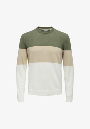 Pull à col rond avec des rayures horizontales vertes, beiges et blanches. Confectionné dans un matériau doux avec des poignets et un ourlet côtelés.