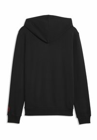 Sweat-shirt à capuche noir à manches longues, fabriqué en tissu lisse. Dispose d'un ourlet et de poignets côtelés, avec un détail logo sur la manche gauche.