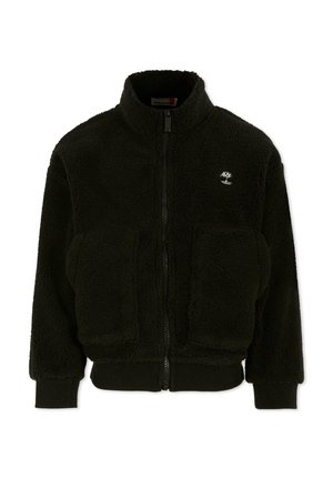Veste en polaire noire avec col montant, fermeture éclair sur le devant et deux grandes poches plaquées. Dispose de poignets côtelés et d'un petit logo sur la poitrine.