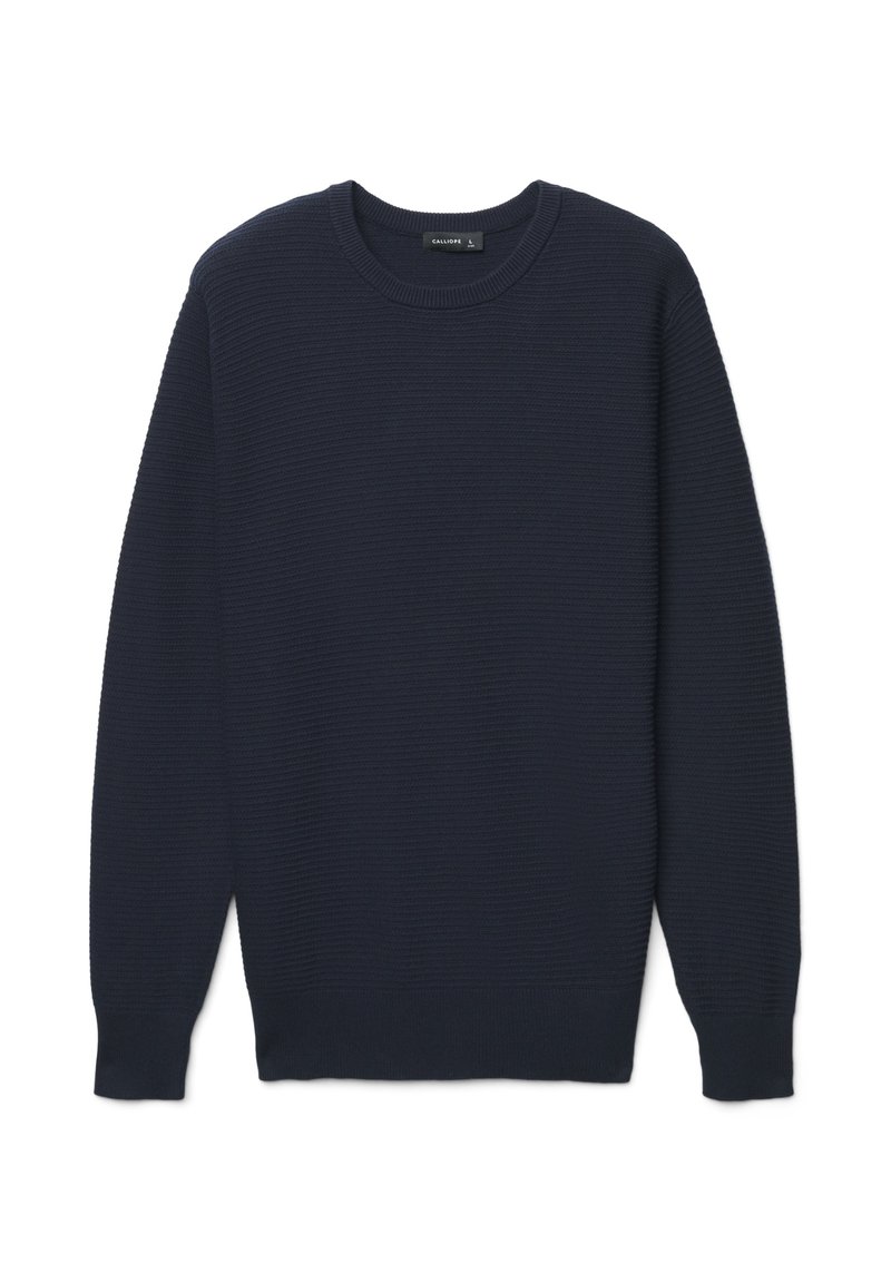Maglione a coste blu navy con maniche lunghe, scollo rotondo e polsini elastici, caratterizzato da un tessuto strutturato e una vestibilità comoda.