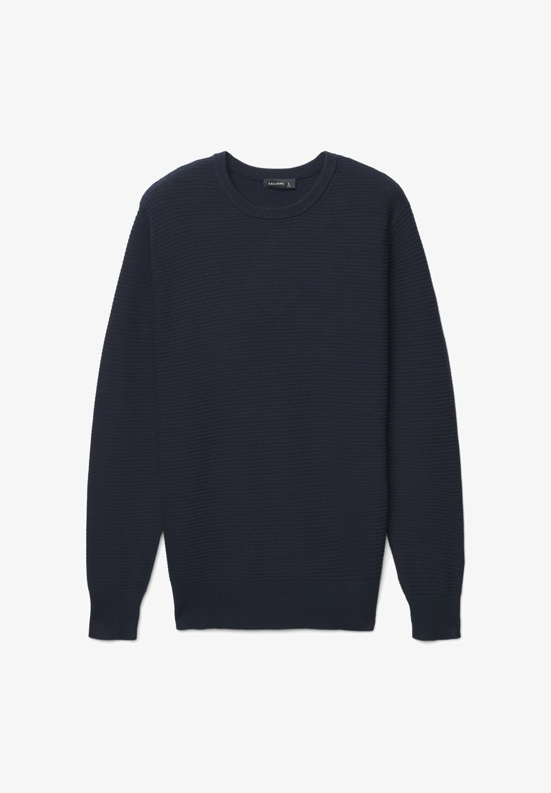Maglione a coste blu navy con maniche lunghe, scollo rotondo e polsini elastici, caratterizzato da un tessuto strutturato e una vestibilità comoda.